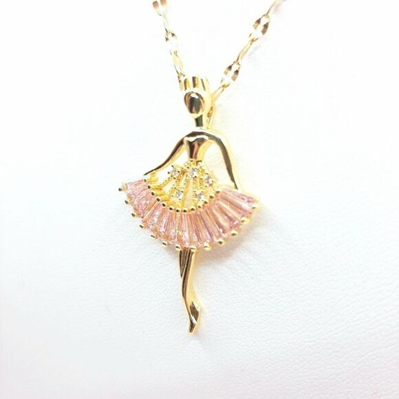 Ballet Dancer Necklace Gold Plated Stainless Steel Ballerina Pink New - Picture 2 of 5
